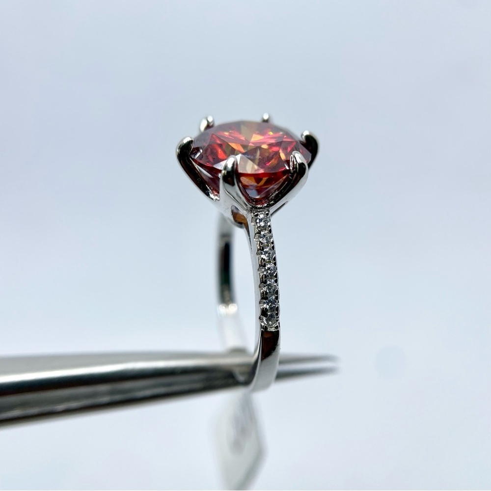 5 Carat Red Moissanite Ring 6 Prong Halo 18K White Gold Finish 925 Silver - Picture 7 of 15